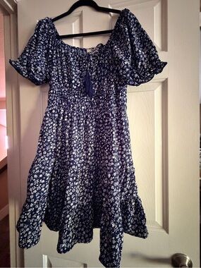 Blush Navy Blue Floral Smocked Midi Dress